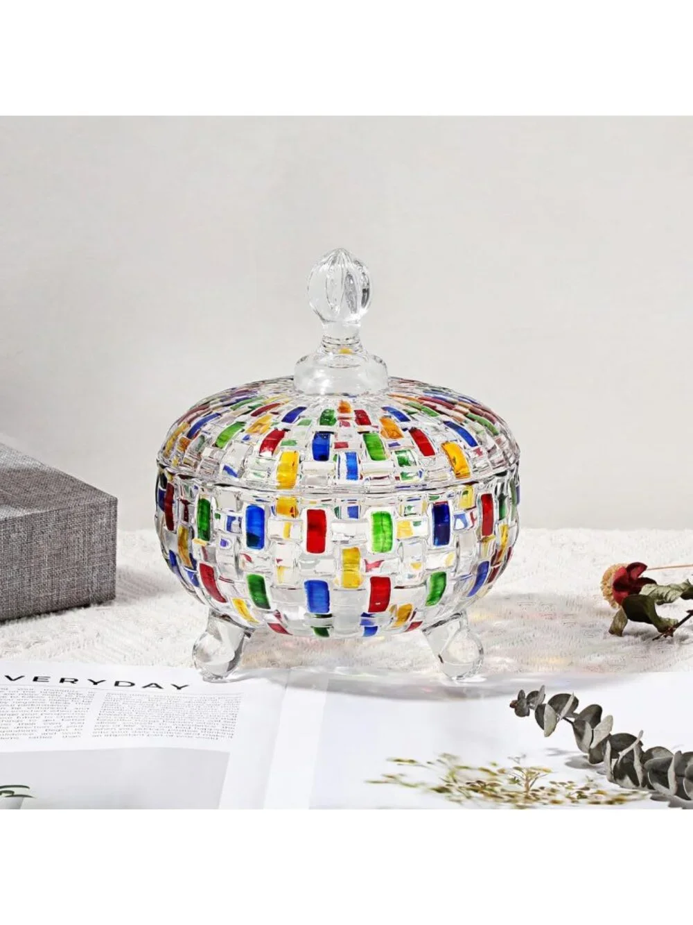 Colorful Crystal Candy Dish with Lid | Decorative Bowl for Chocolates, Nuts